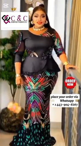 Elegant Bespoke multi color long party dress  black with sequence and stones - Size 44