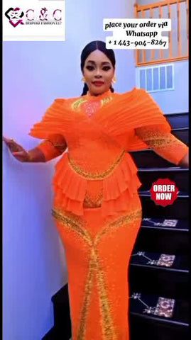 Elegant Bespoke  orange color long party dress  with stones - Size 50