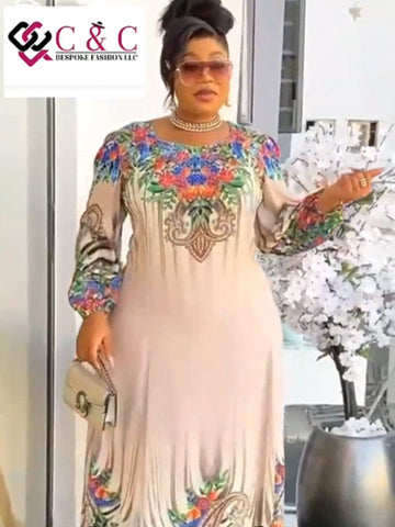 Elegant Fresh Flowered Peach Flayed Long Party Dress (Size 44)