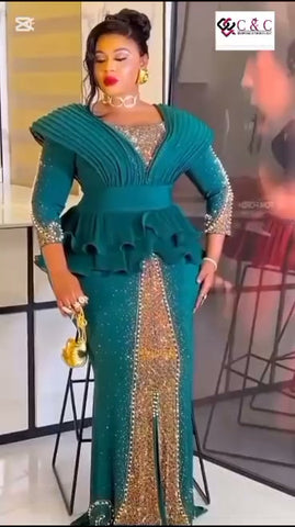 Elegant bespoke deep teal party dress with stones Size 50