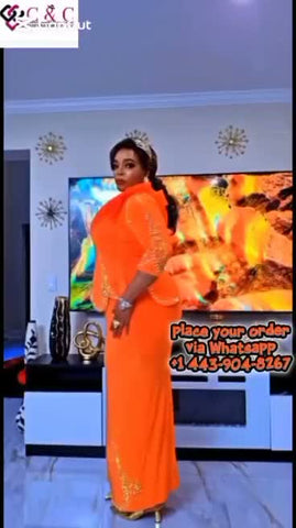 Elegant bespoke orange party dress with stones Size 50