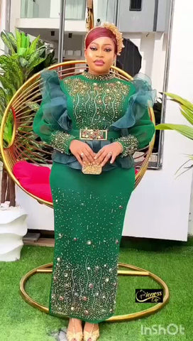 Elegant bespoke party wear with beads and stones, two pieces  Size 44