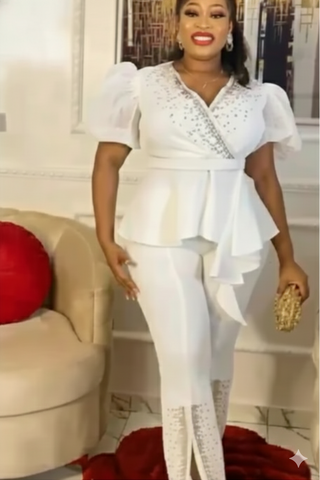 Elegant bespoke white pants and tops outfits Size 48