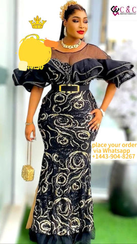 Elegant Black And Gold Long Party Gown (Size 50)