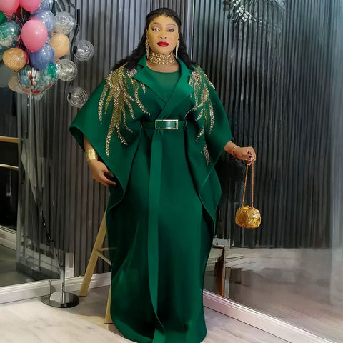 Elegant green bespoke party wear with beads and stones, two pieces free size