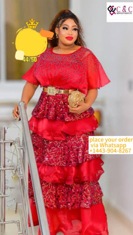 Elegant Multi Steps Red Party Gown (Size 50)
