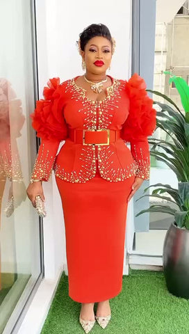 Elegant orange bespoke party wear with beads and stones two pieces  Size 44