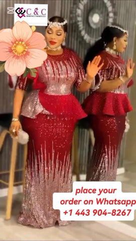 Elegant Red And Silver Sequence Long Party Dress (Size 46)