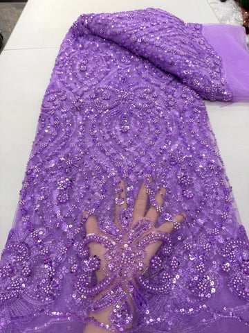 High Quality French Lace: Net Material With Embroidery And Sequins , Handmade Beads Lilac Color