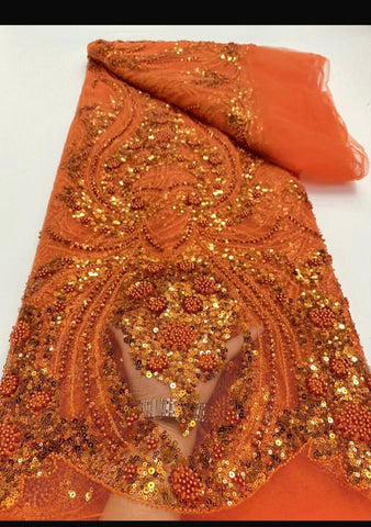 High Quality French Lace: Net Material With Embroidery And Sequins , Handmade Beads  Orange Color