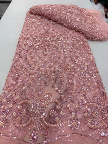 High Quality French Lace: Net Material With Embroidery And Sequins , Handmade Beads  Peach color