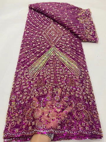 High Quality French Lace: Net Material With Embroidery And Sequins , Handmade Beads Magenta Color